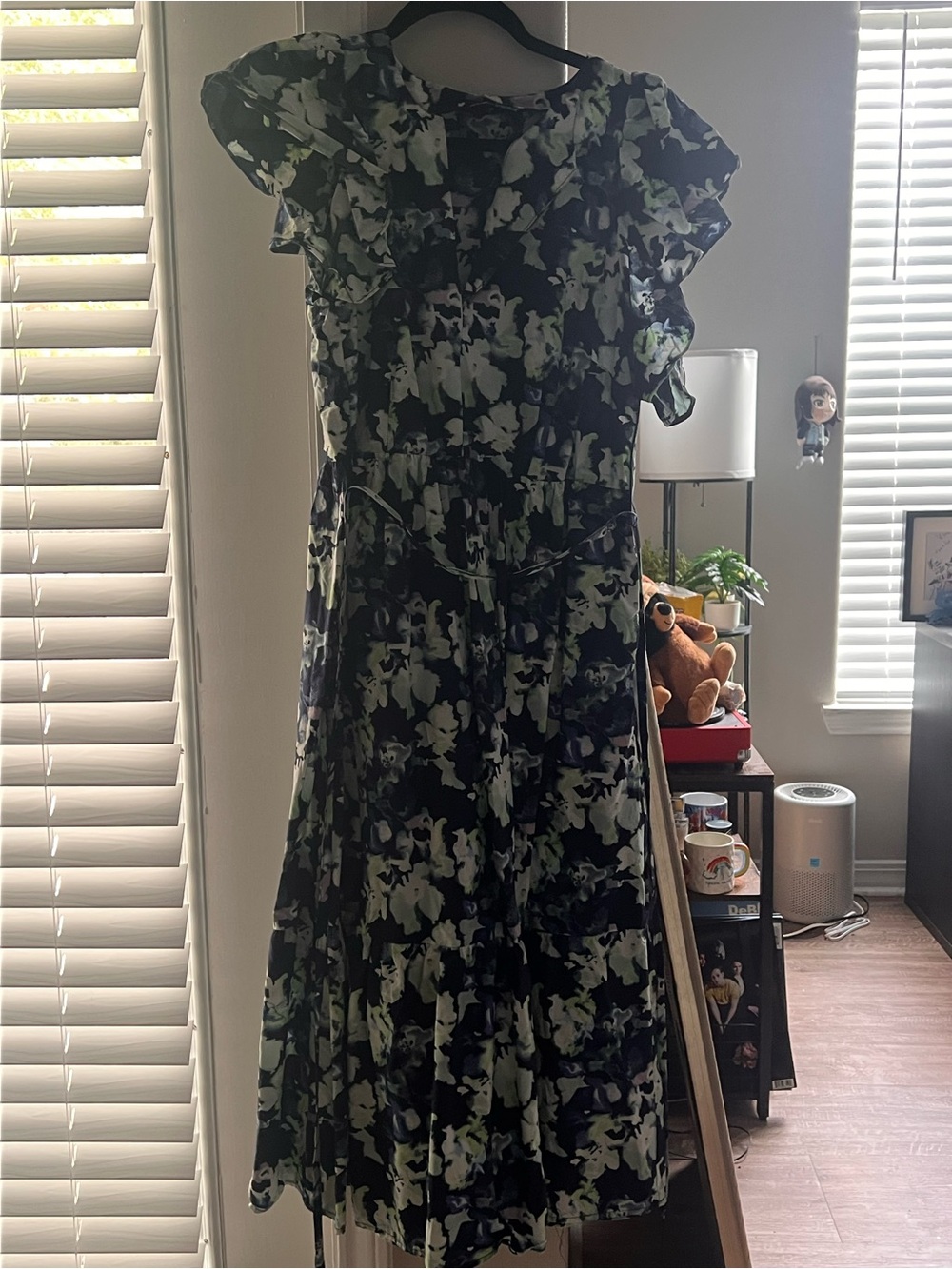 a new day Black and Green Floral Ruffle-Sleeve Midi Dress